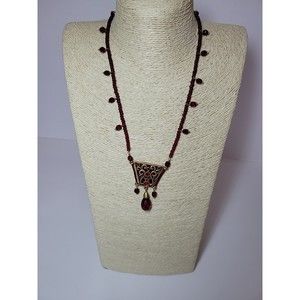 Chico's Statement Necklace Gold Tone Beaded Single Strand Boho Red Gold Dangle